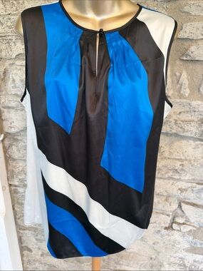 Sleeveless Colorblock Satin Blouse in Blue, Black & White